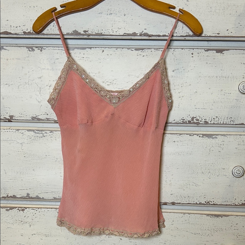 Vintage Y2K Gold Hawk Peach Silk Lace Beaded Camisole Size M